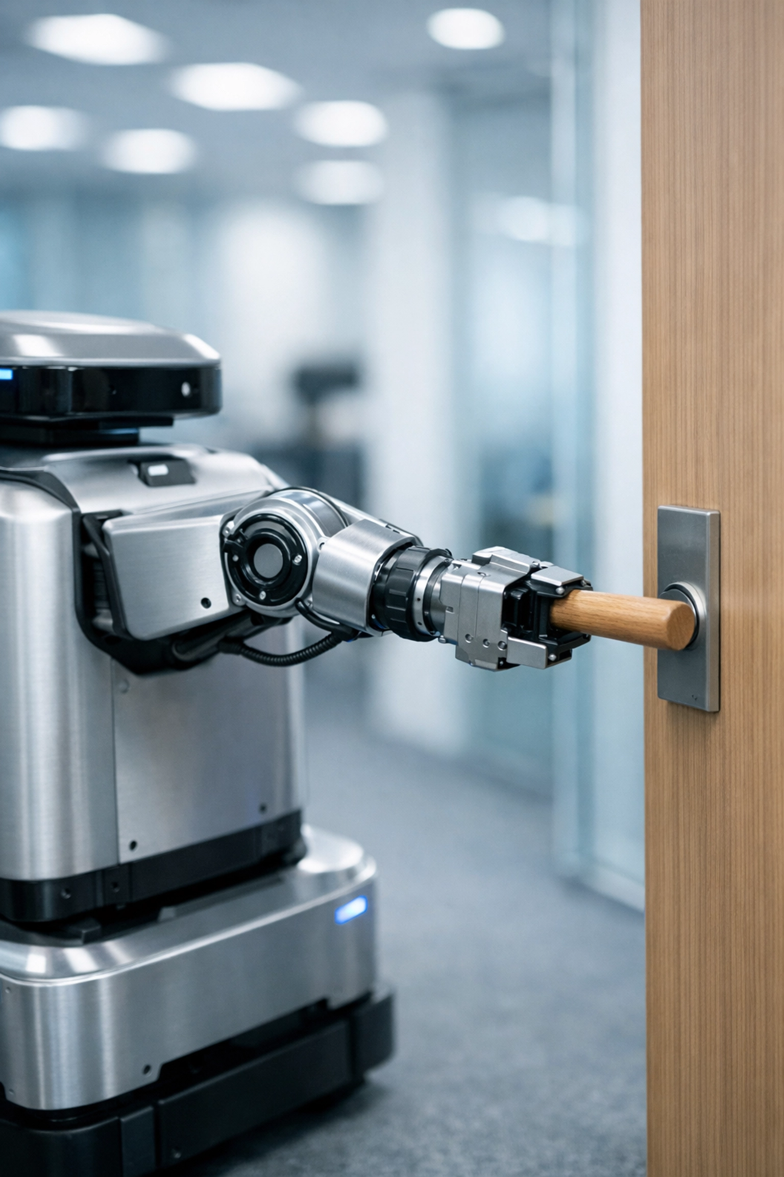 Mobile robotic unit with an articulated arm operating in a modern Tokyo office space.