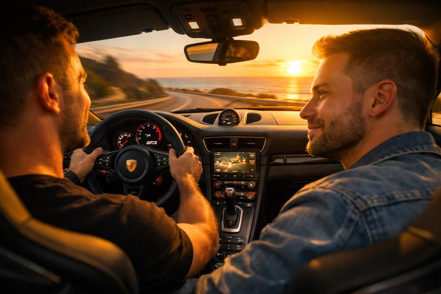Gay couple driving Porsche along coast at sunset in MM romance scene