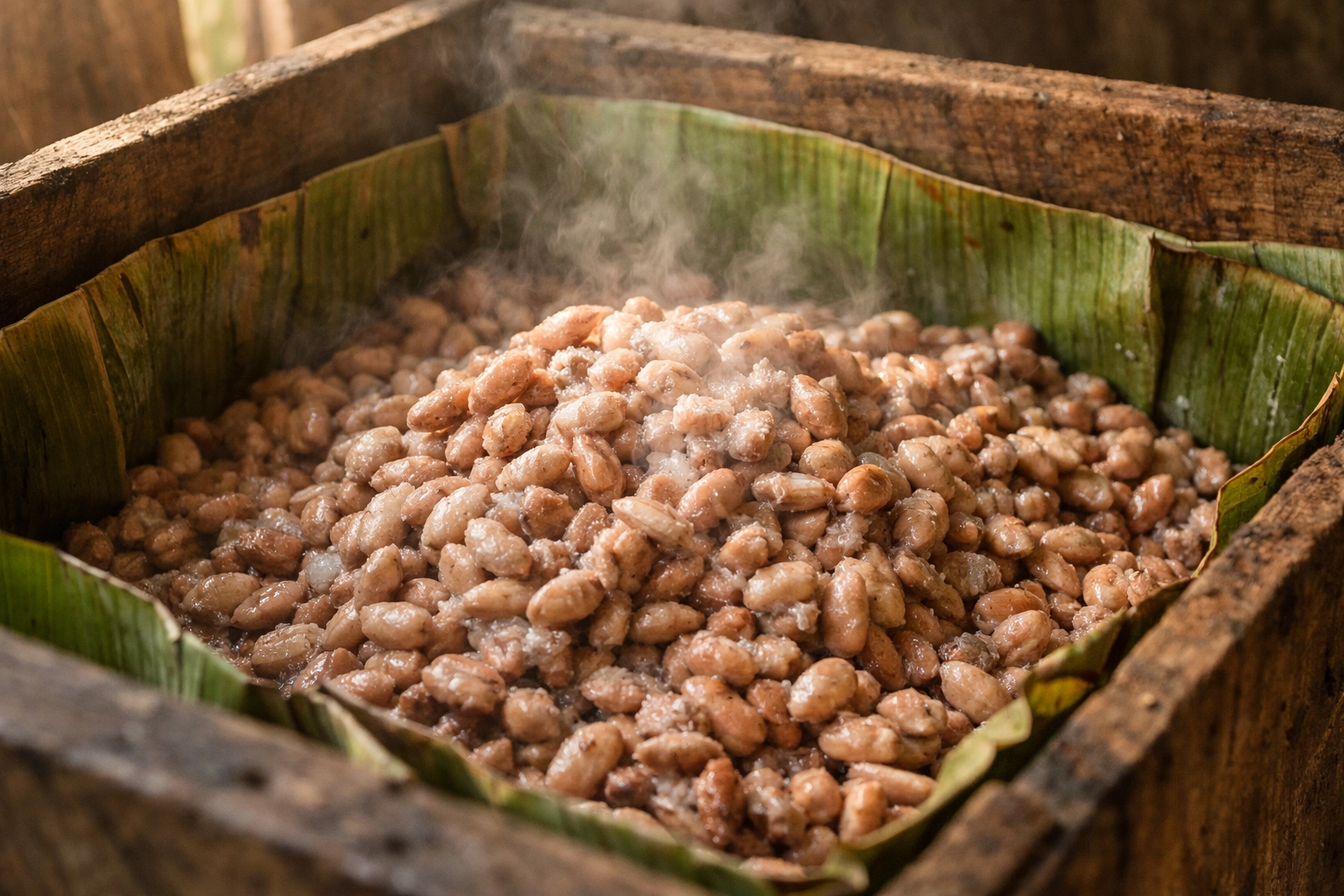 Fresh cacao beans fermenting in a wooden box with banana leaves for artisanal bean to bar chocolate production.