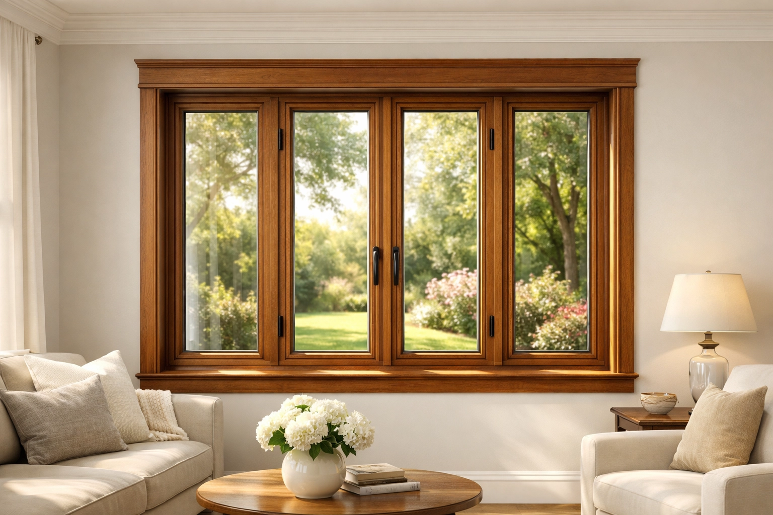 Newly installed energy-efficient wood window replacement in a modern Toronto living room.