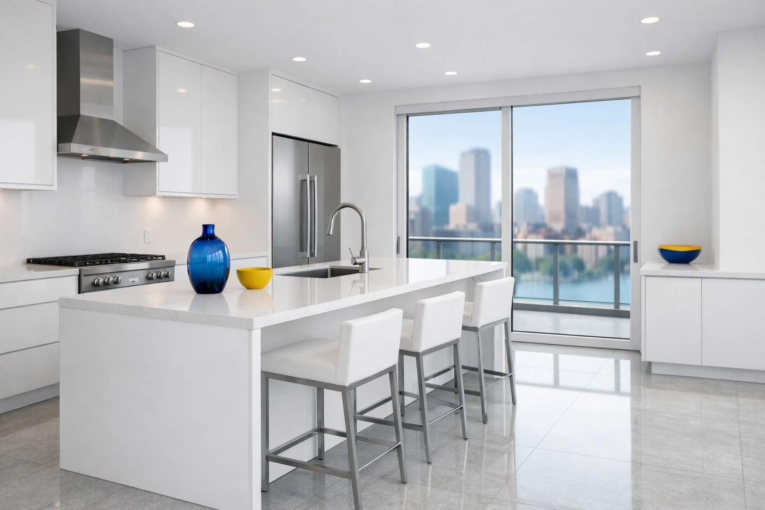Modern Boston condo kitchen with clean stainless steel appliances and reflective floors after a move-out clean.