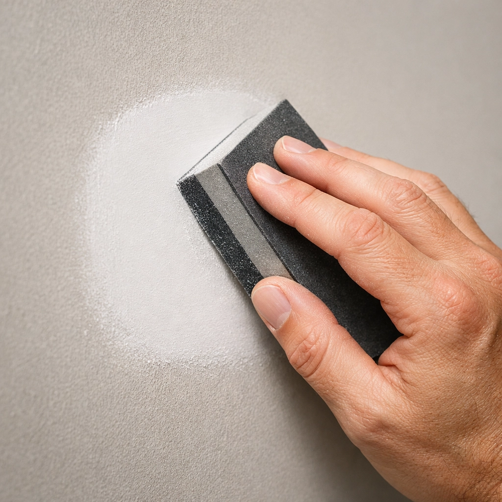 Professional wall preparation for interior painting Orlando using a sanding block.