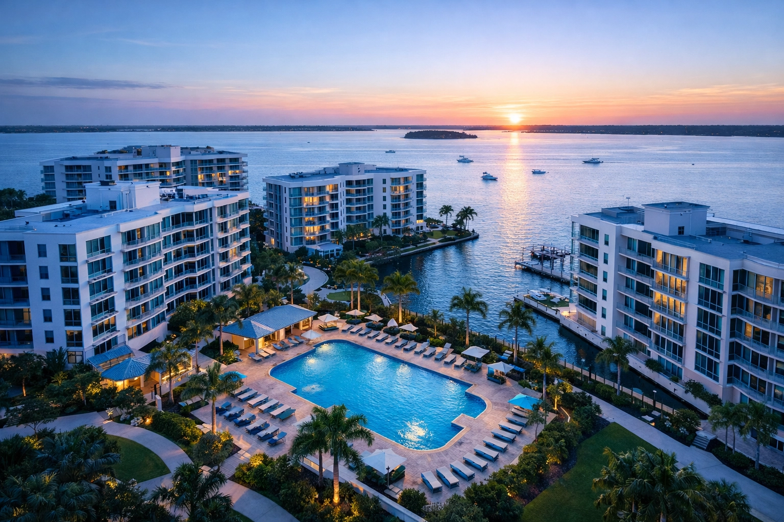 Waterfront condominium complex in Lee County Florida with pool and tropical landscaping