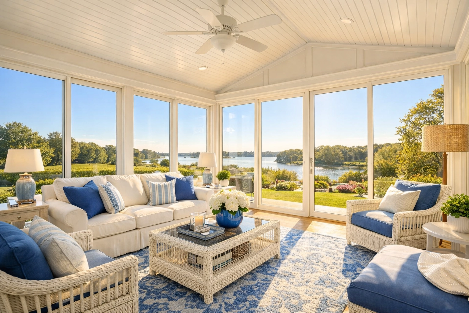 Impeccably clean Massachusetts sunroom highlighting dust-free air and spotless window tracks after deep cleaning.