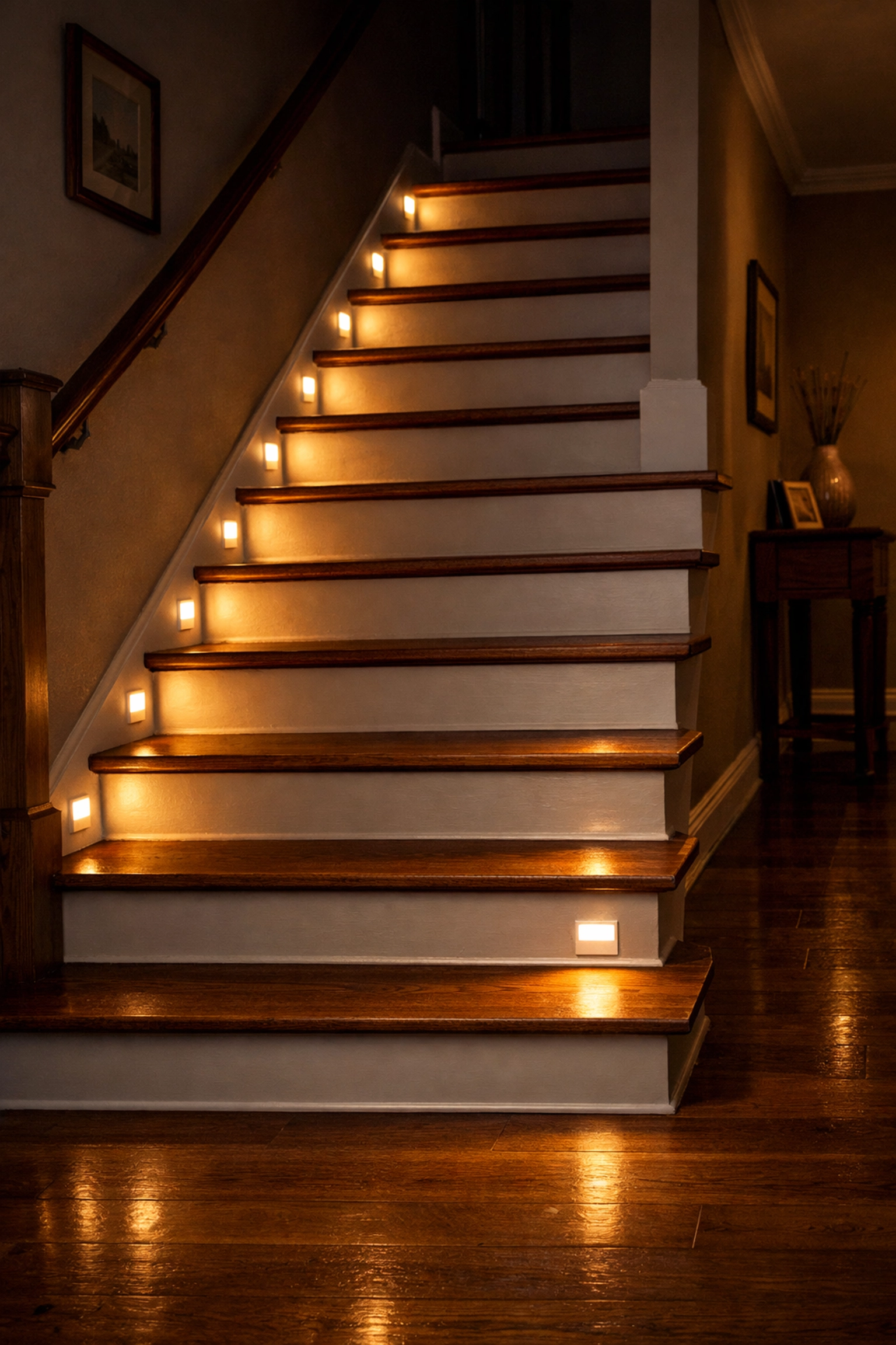 Staircase illuminated by motion-sensor LED baseboard lights to ensure visibility and fall prevention.