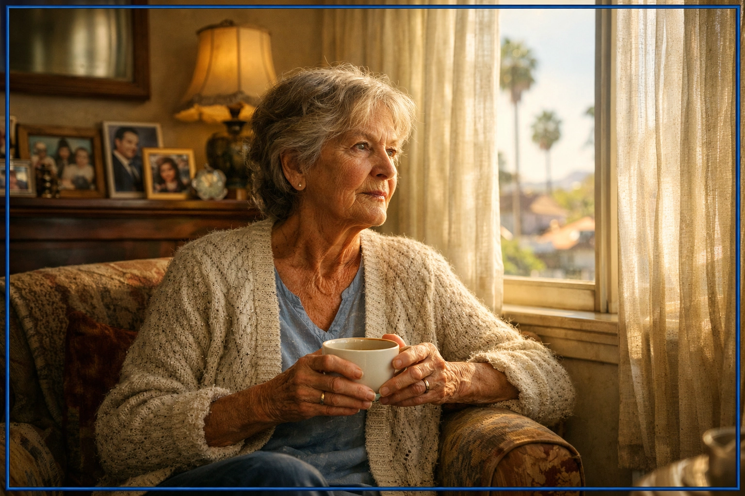 Elderly parent living alone in Los Angeles home reflecting on independence and aging in place Elderly parent living alone in Los Angeles home reflecting on independence and aging in place