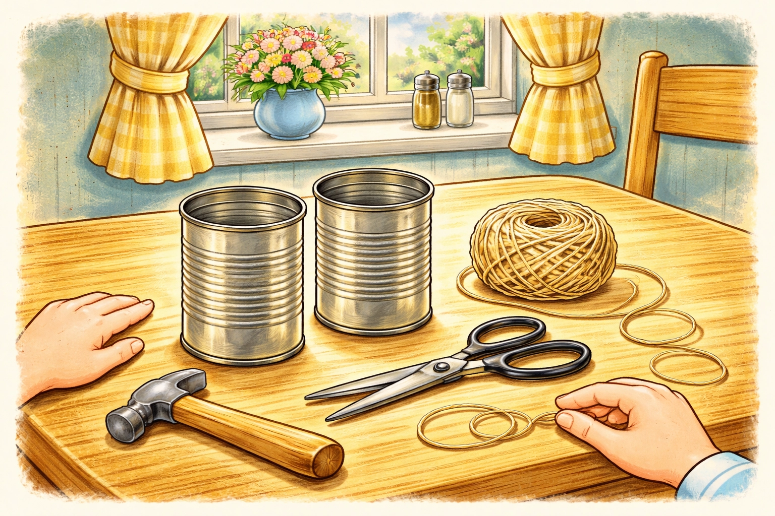 Family kitchen table with tin cans, string, scissors, and hammer ready for a tin can telephone craft activity