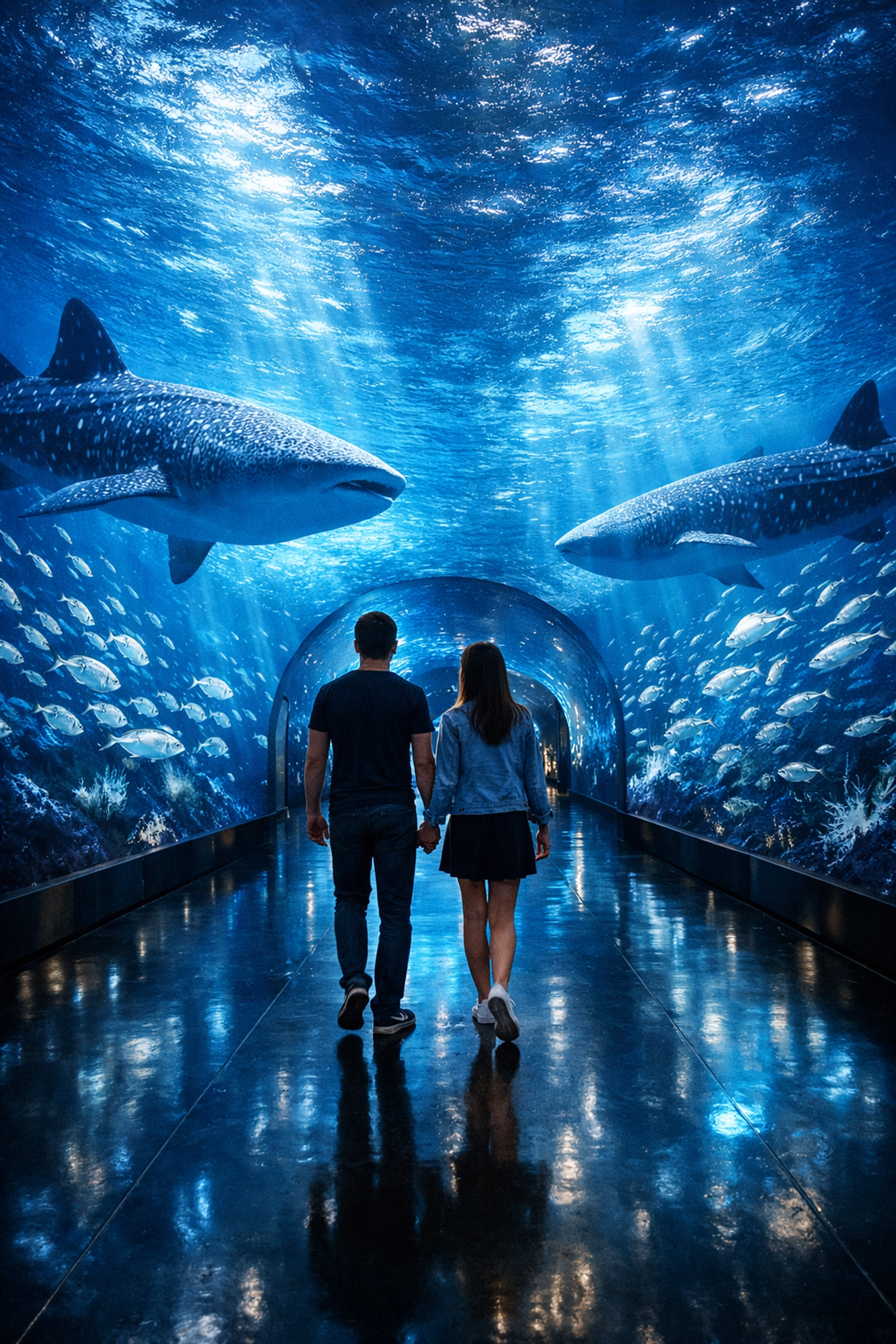 Immersive deep-sea projection mapping in an aquarium transition tunnel featuring digital whale sharks.
