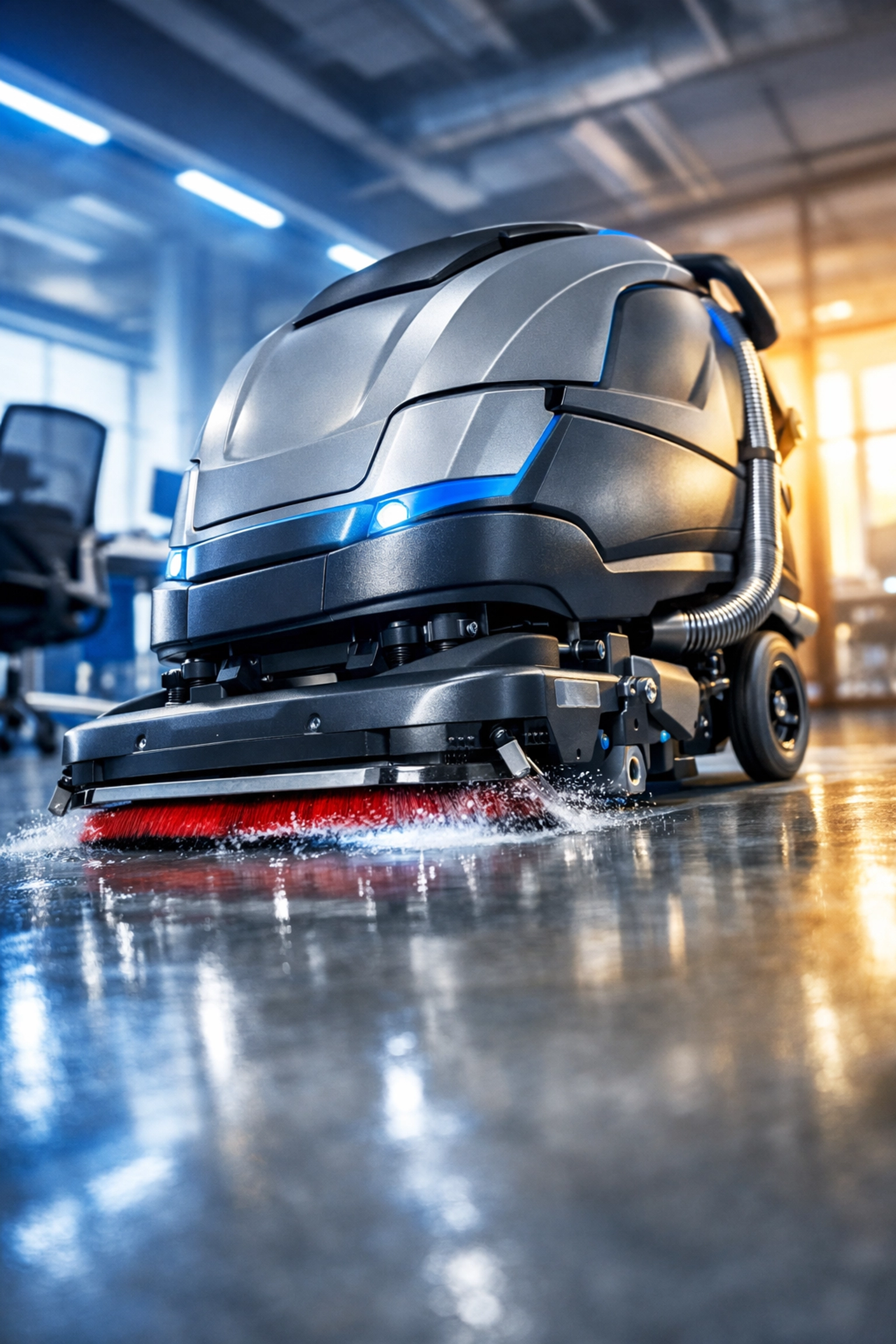 Professional floor scrubbing equipment sanitizing surfaces in a modern office to maintain high hygiene standards.