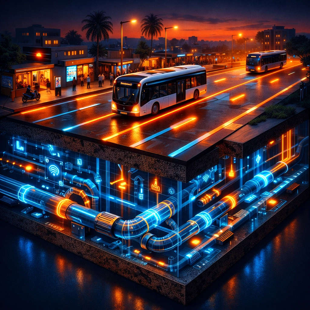 Visualization of smart city technology managing urban utility grids and electric transit in India.