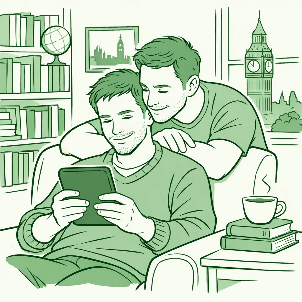 A modern male couple reading an MM romance eBook together in a cozy study, celebrating the legacy of queer literature.