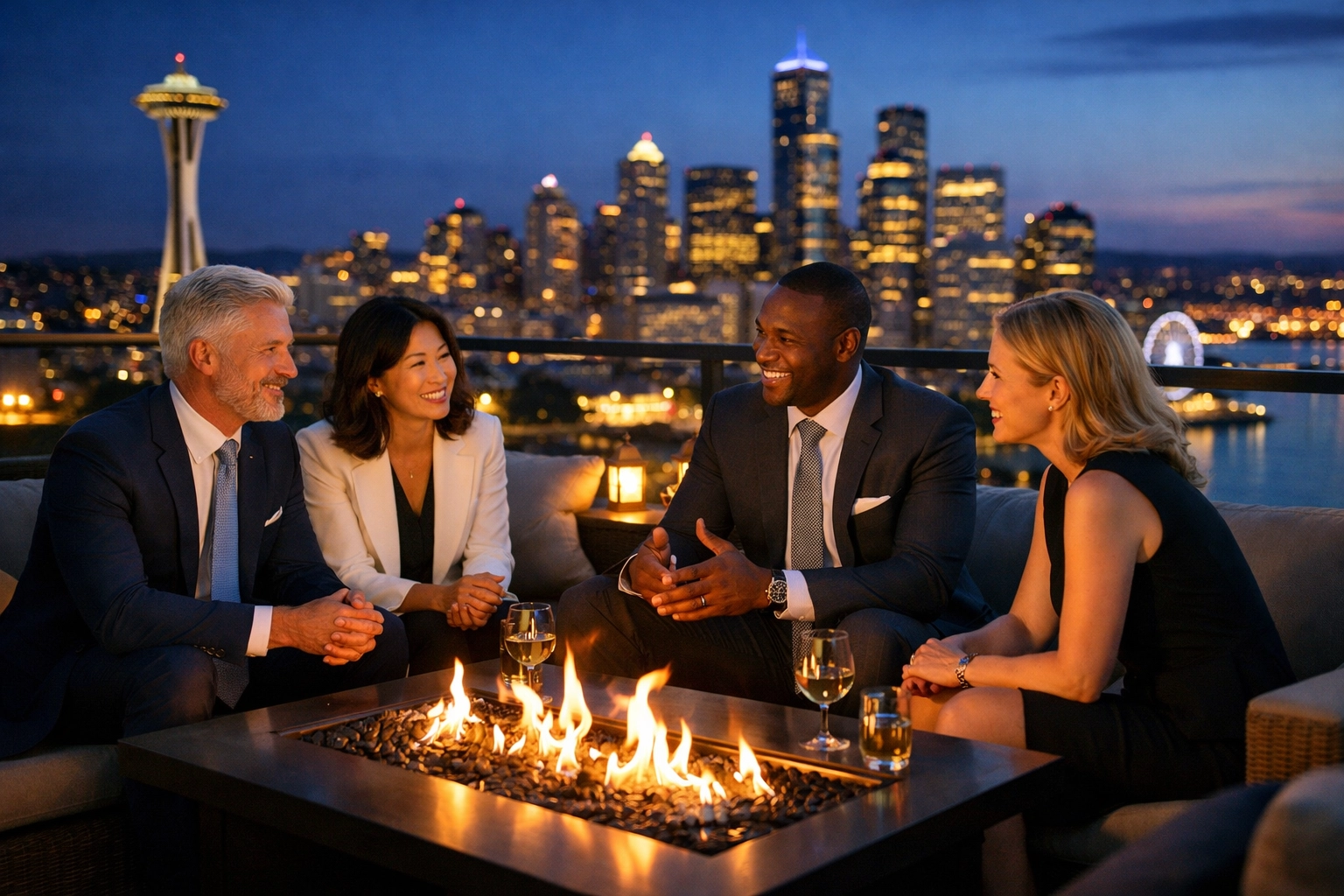 Executives networking at a luxury corporate rooftop lounge overlooking a vibrant host city skyline.
