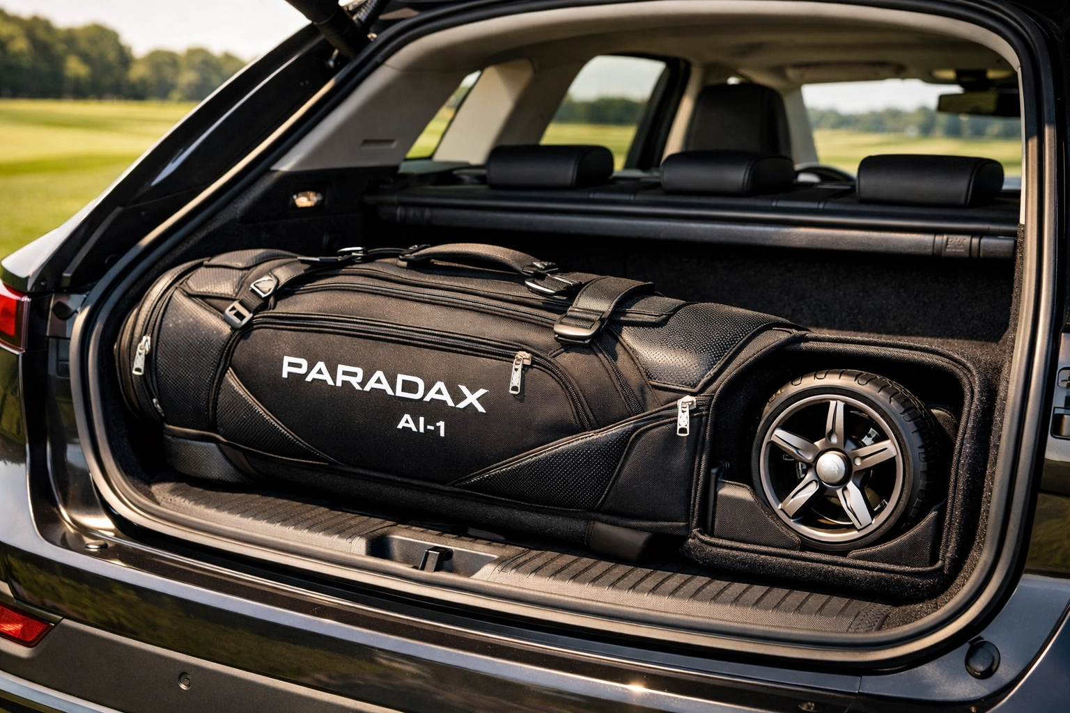Innovative PARADAX AI-1 golf bag with detachable wheels fits easily in a car trunk for space-saving storage.