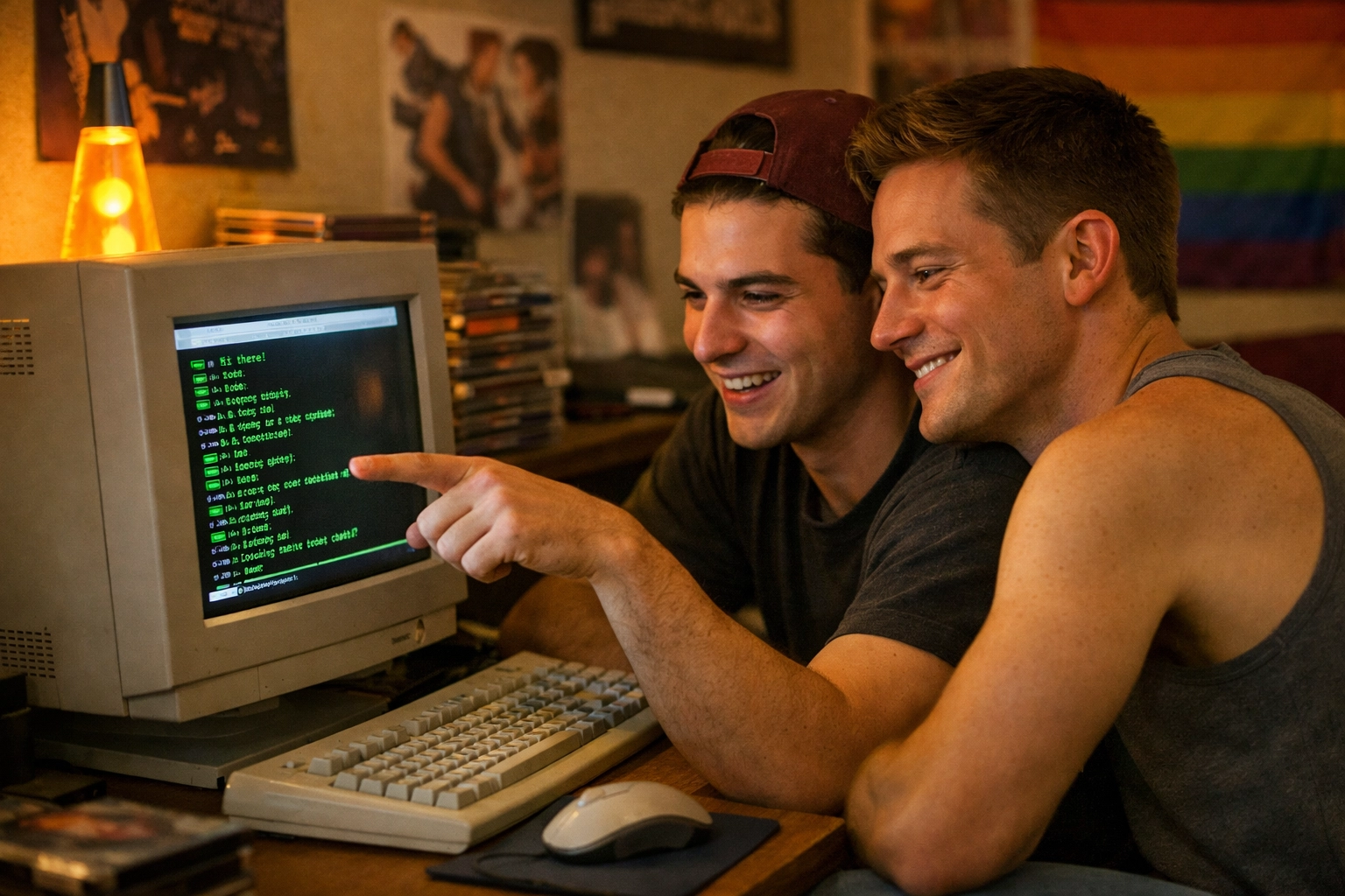Two gay men connecting through a 1990s internet chatroom on a vintage computer