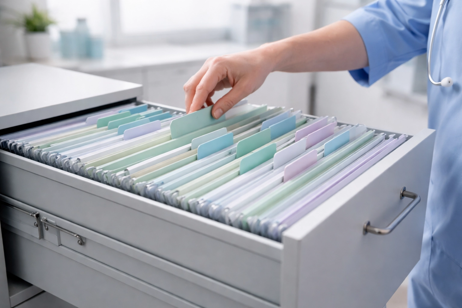 Organized file cabinet drawer with color-coded folders representing meticulous healthcare documentation