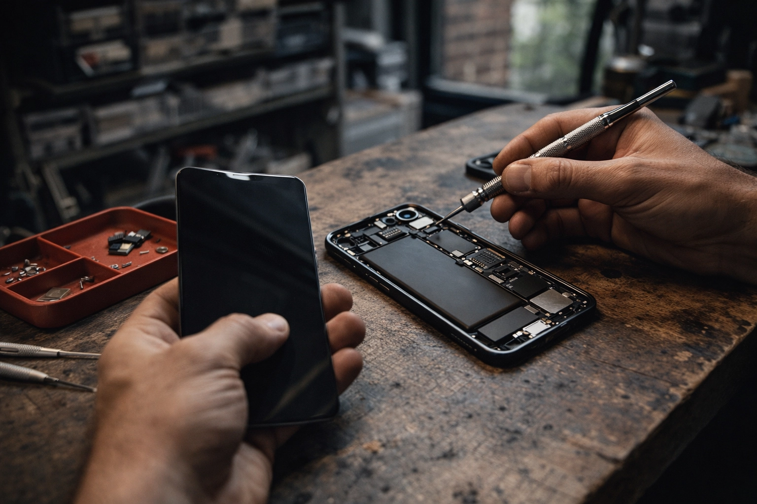 Professional technician hands performing a real iPhone repair with a lifetime repair guarantee.