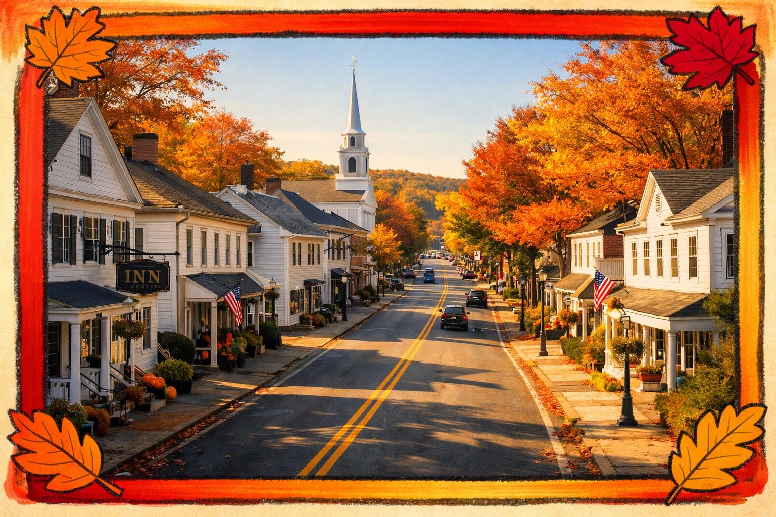Historic Connecticut town street with colonial buildings and fall foliage