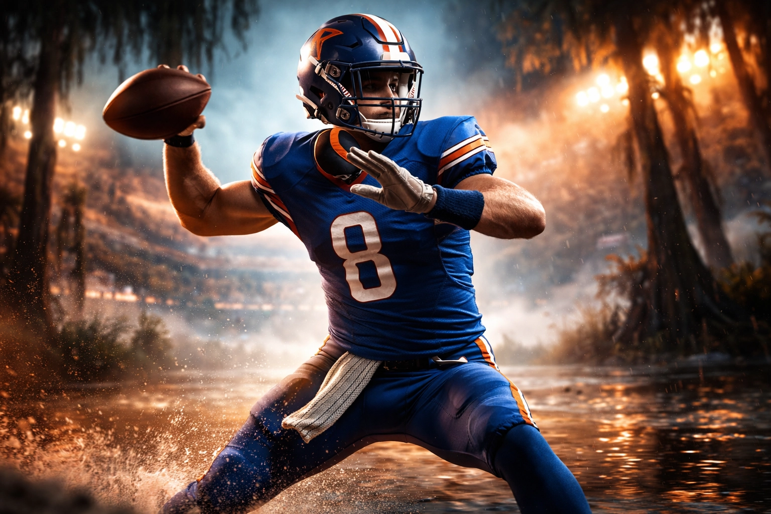 Quarterback in Florida Gators colors throwing a football in a swamp-themed stadium, showing athleticism and focus