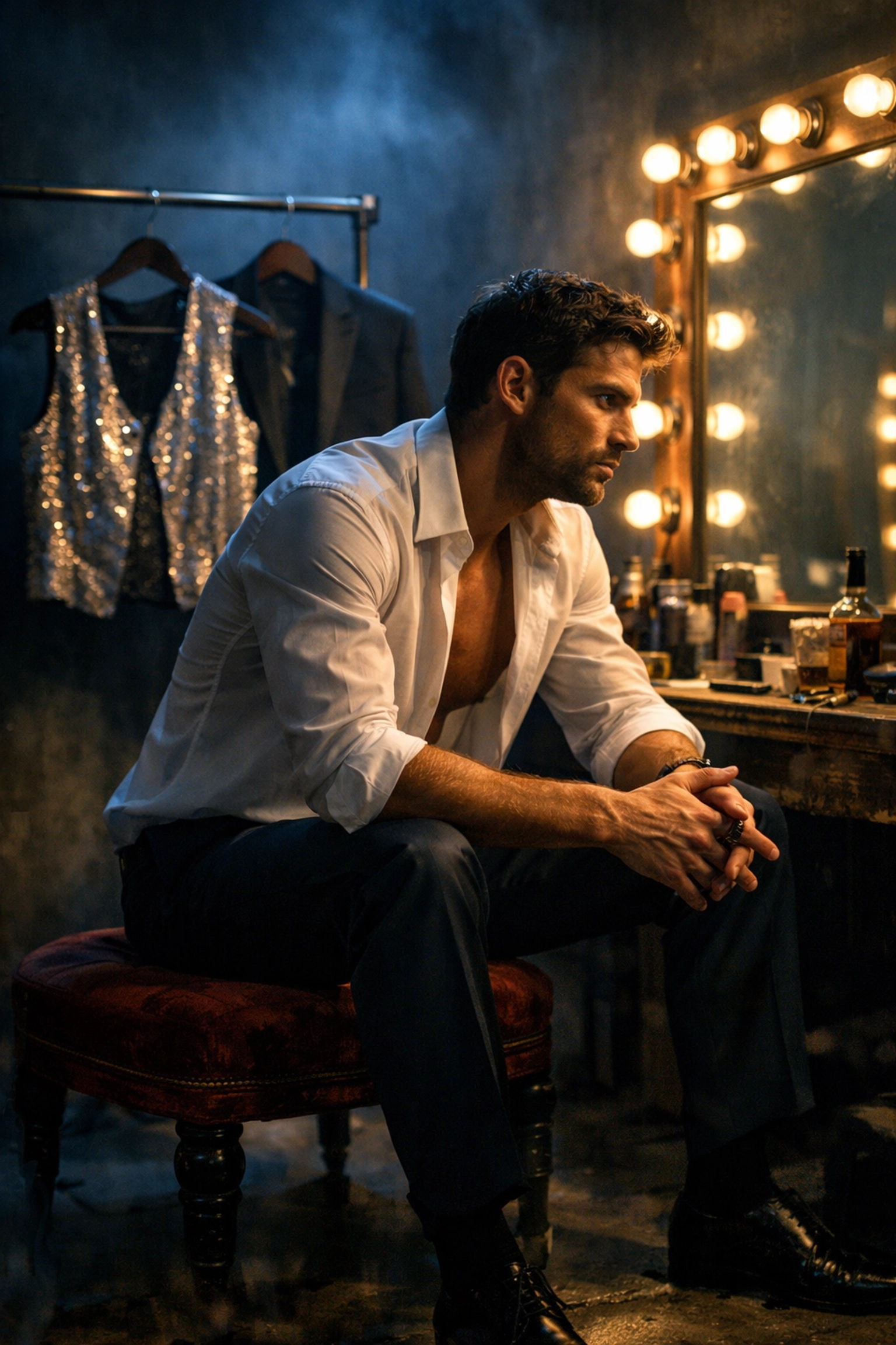 Male model in a backstage dressing room balancing high-fashion and club life in MM romance.