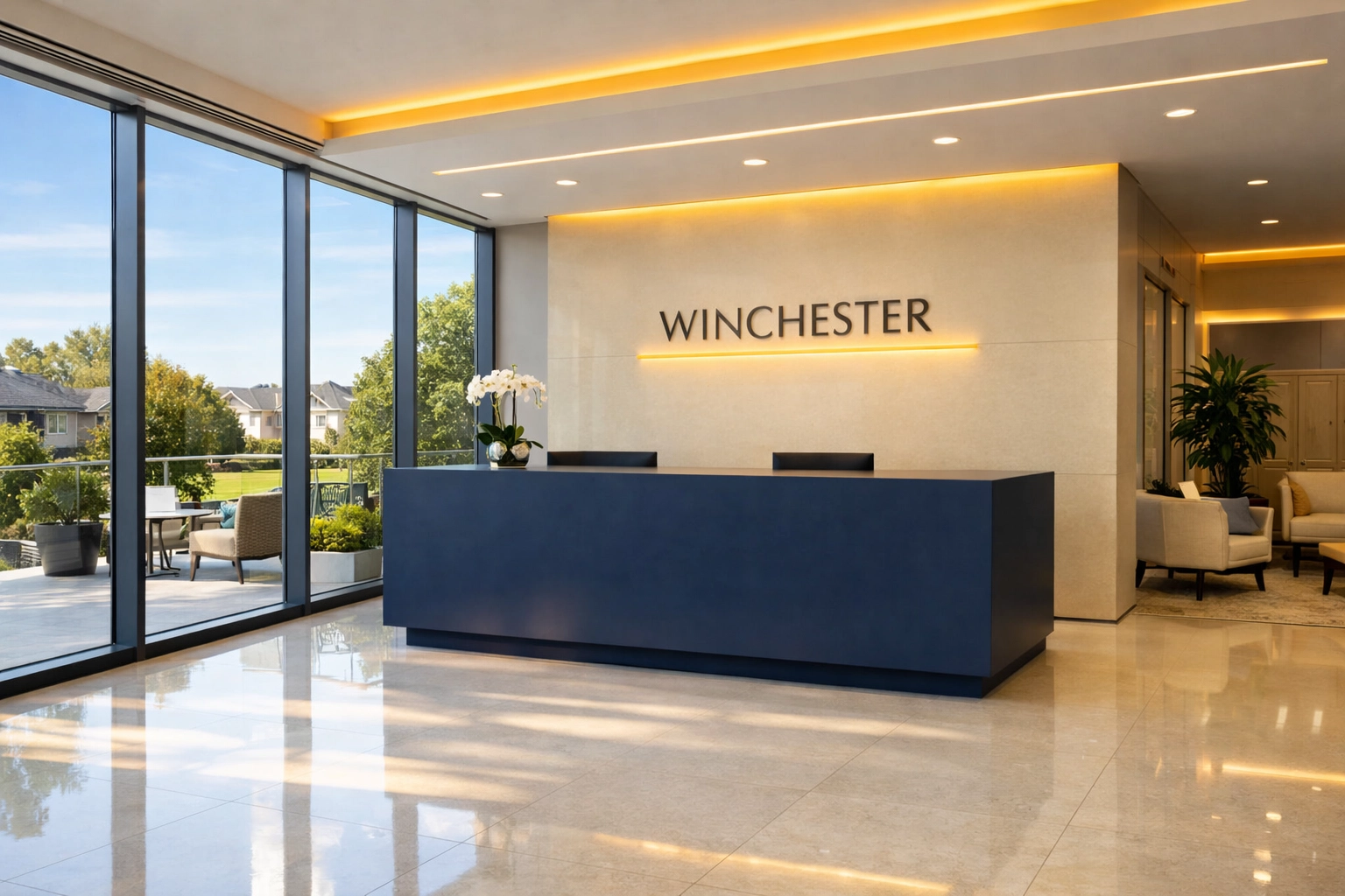 Pristine office lobby in Winchester, MA demonstrating the results of expert commercial cleaning services.