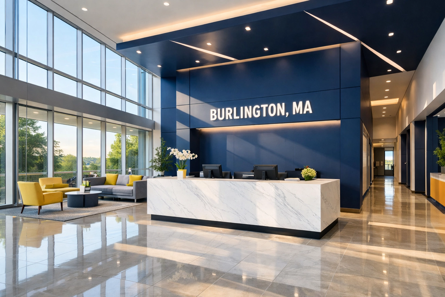 Pristine Burlington MA corporate lobby highlighting professional commercial cleaning and janitorial excellence.