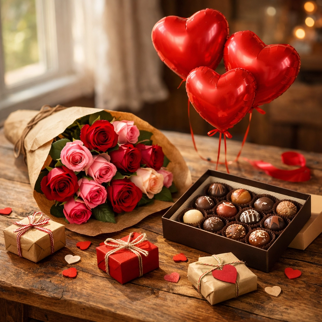 Valentine's gifts display with fresh roses, chocolates, balloons and trinkets at Hammersmith pop-up