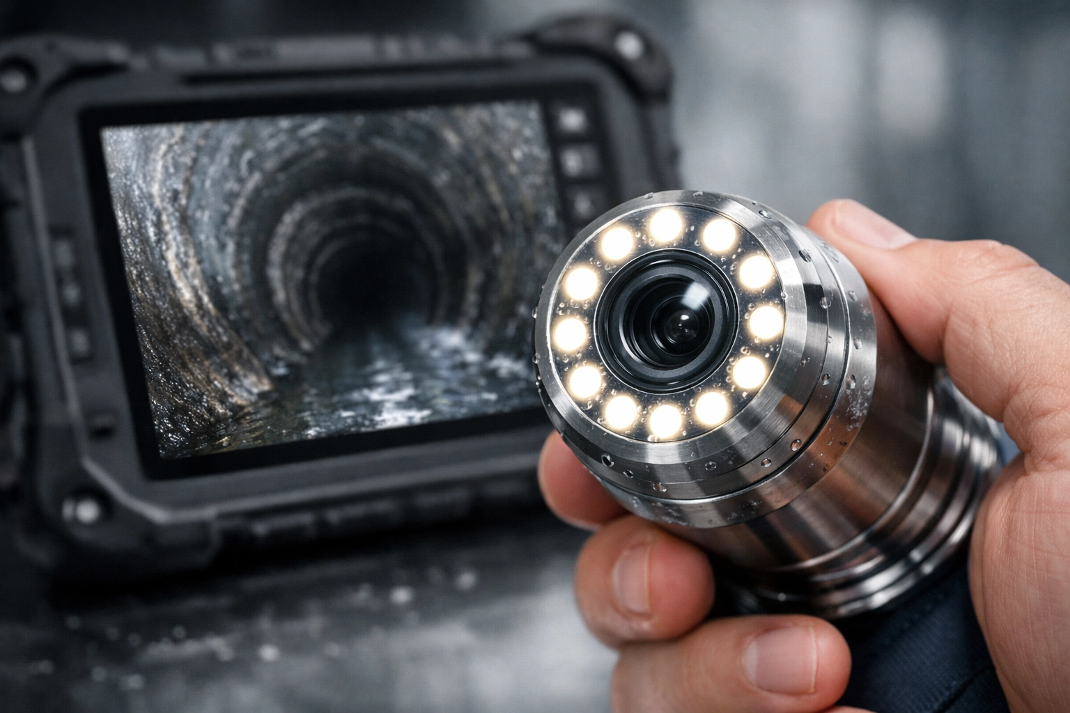 Professional HD sewer camera and tablet showing detailed video diagnostics of an underground pipe.