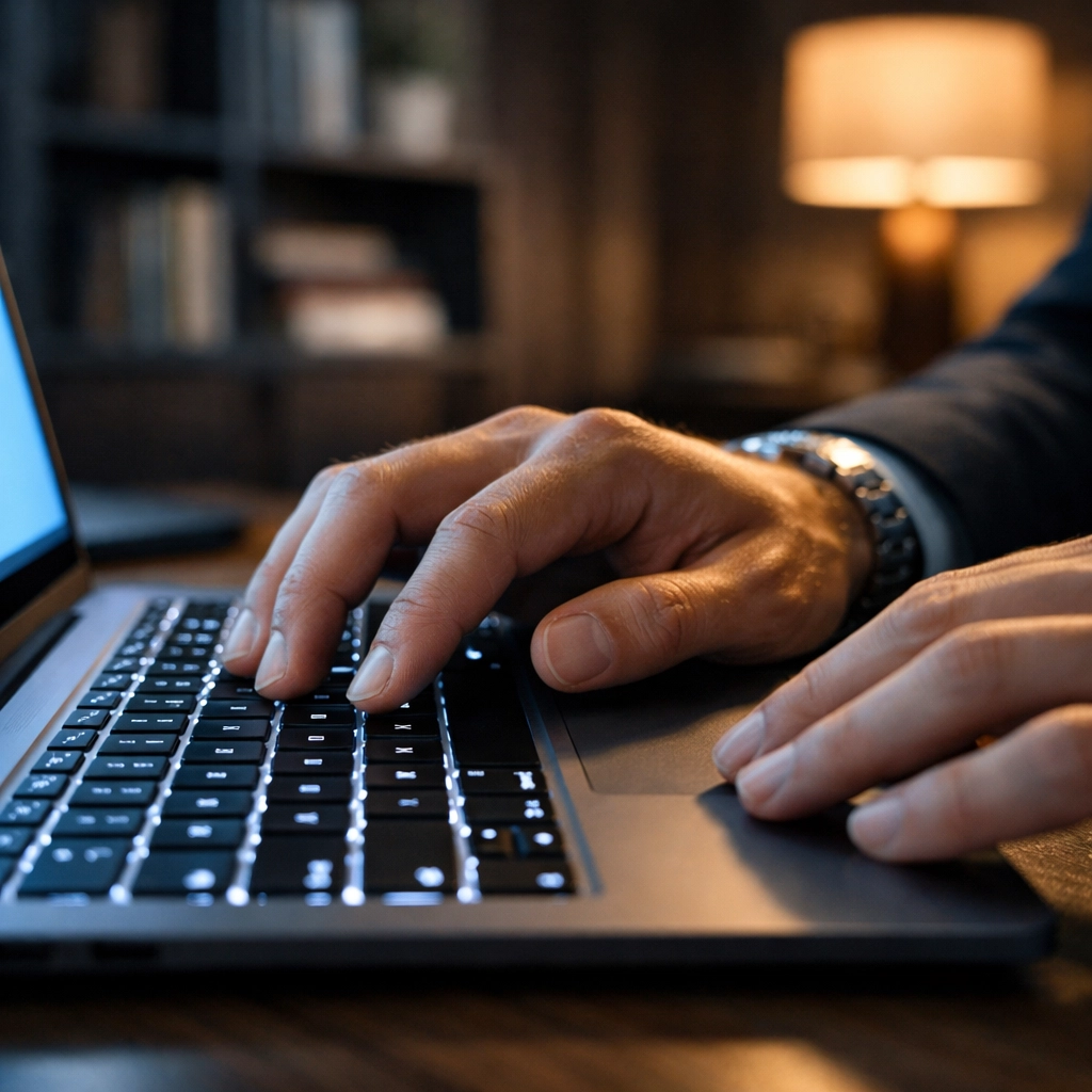 Small business owner securely managing professional email and Gmail account security on a laptop.