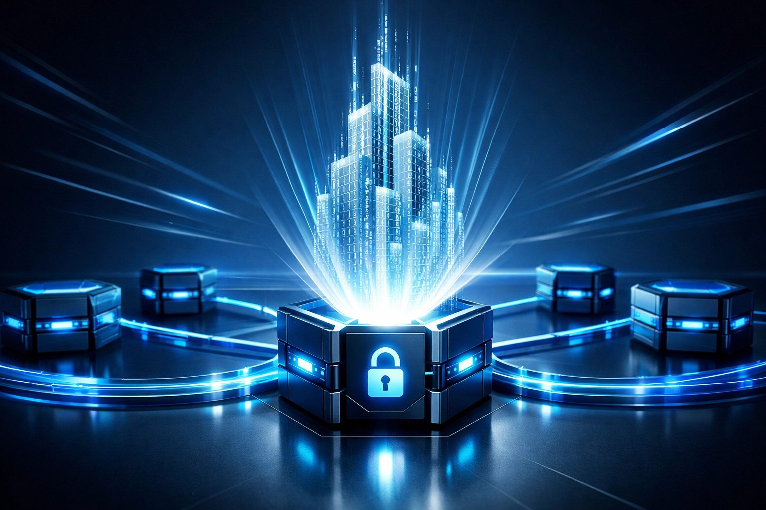 Glowing digital storage modules representing proven data recovery and backup testing for Chicago business continuity.