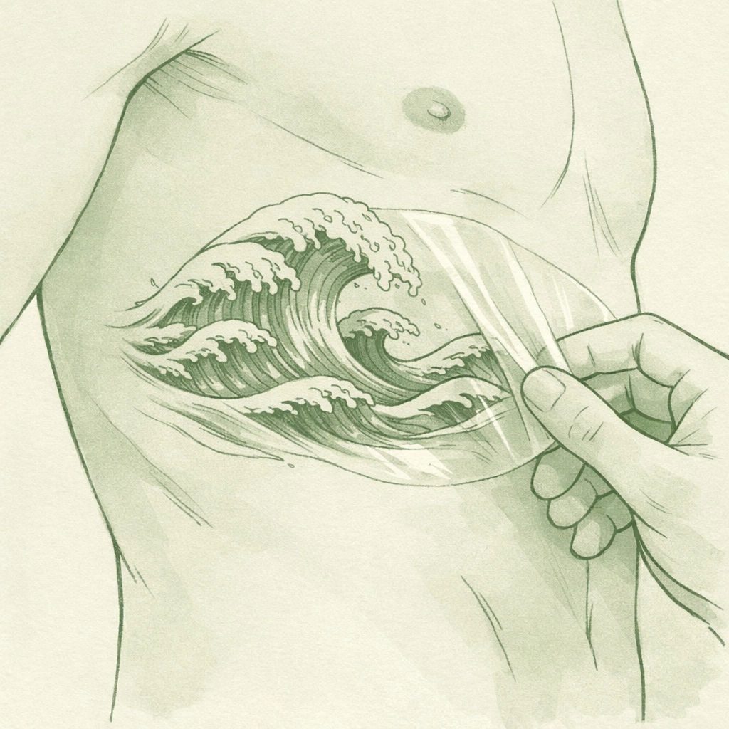 Completed memorial wave tattoo on ribcage wrapped by caring tattoo artist