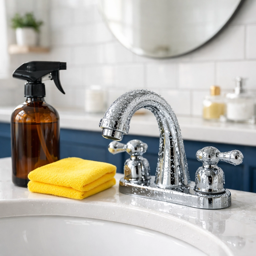 Spraying hydrogen peroxide on a bathroom faucet with a yellow microfiber cloth for deep disinfection.
