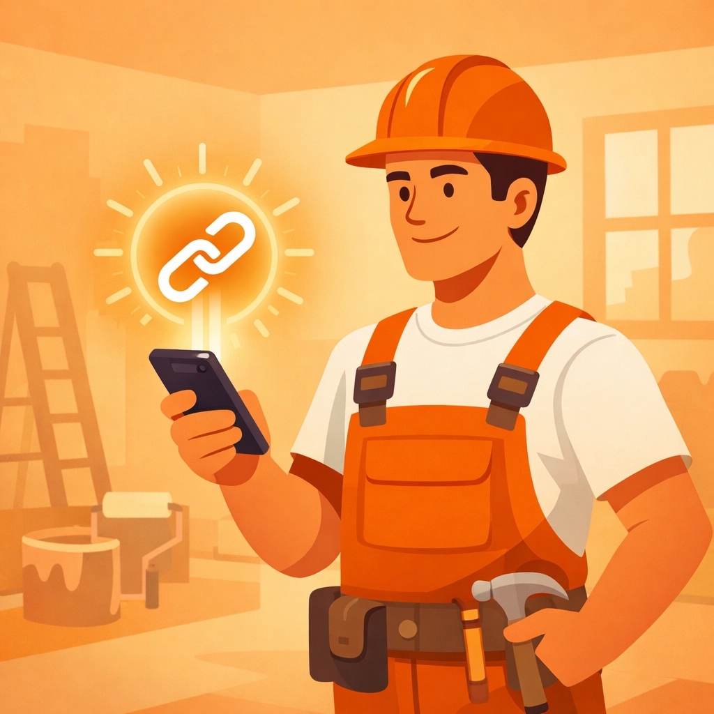 Contractor on job site sharing photo timeline link from smartphone without customer app downloads