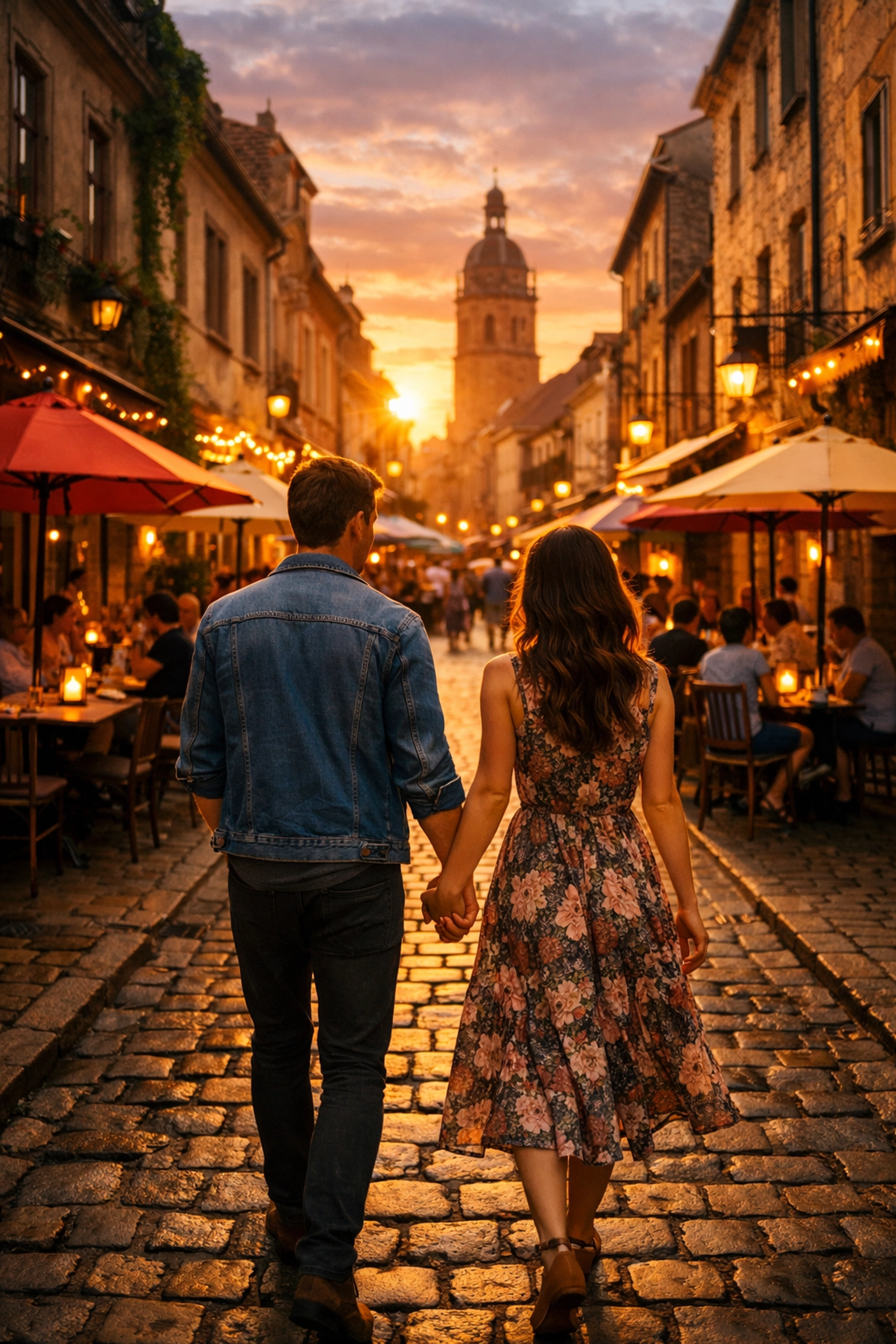Couple walking hand-in-hand through European cobblestone street at sunset during honeymoon vacation