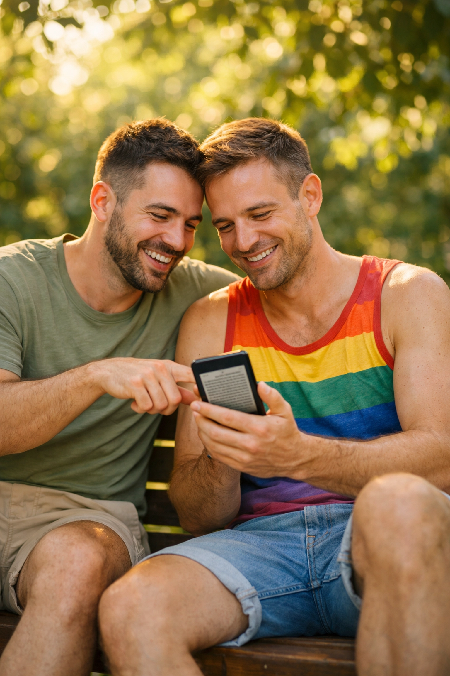 Two men sharing gay romance ebook recommendation on mobile phone outdoors