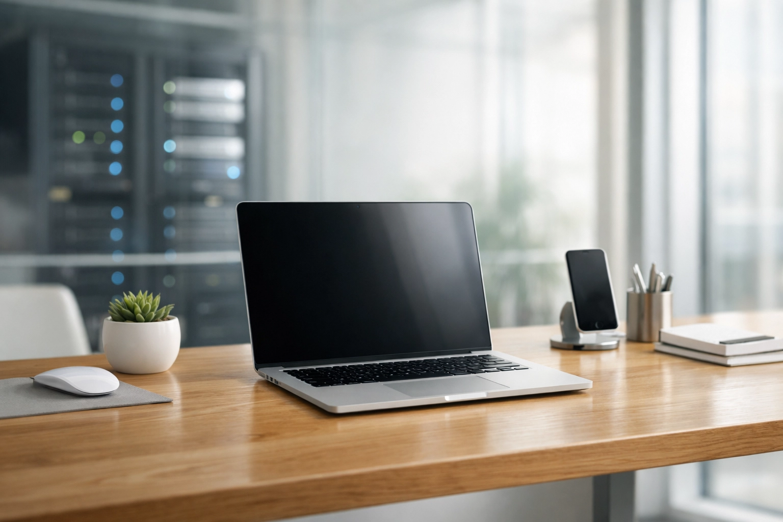 Modern high-tech office with a laptop and server rack representing cloud-based tax software infrastructure.