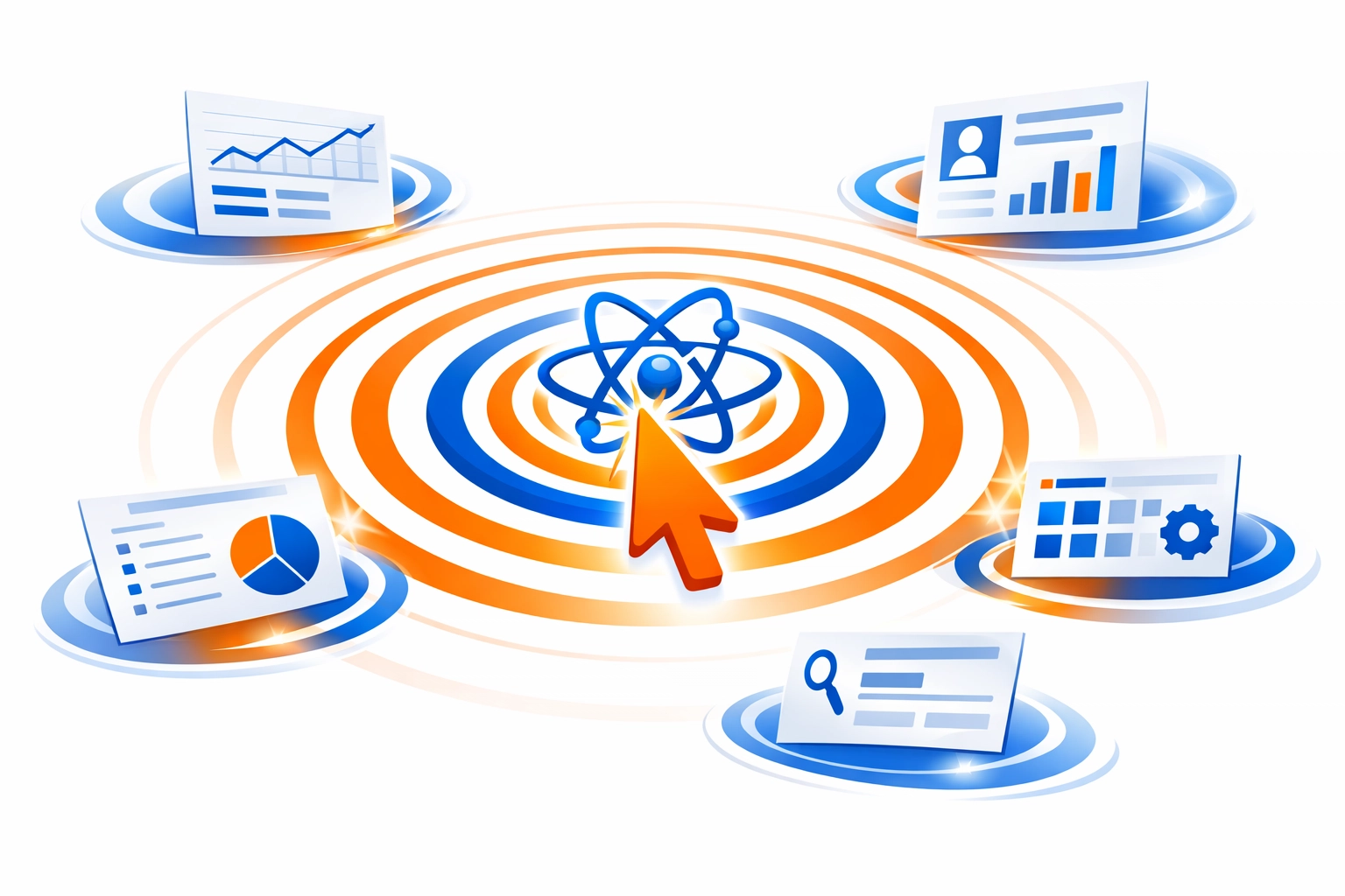 Vector illustration of a SaaS training ripple effect showing how one content update impacts multiple learning modules.
