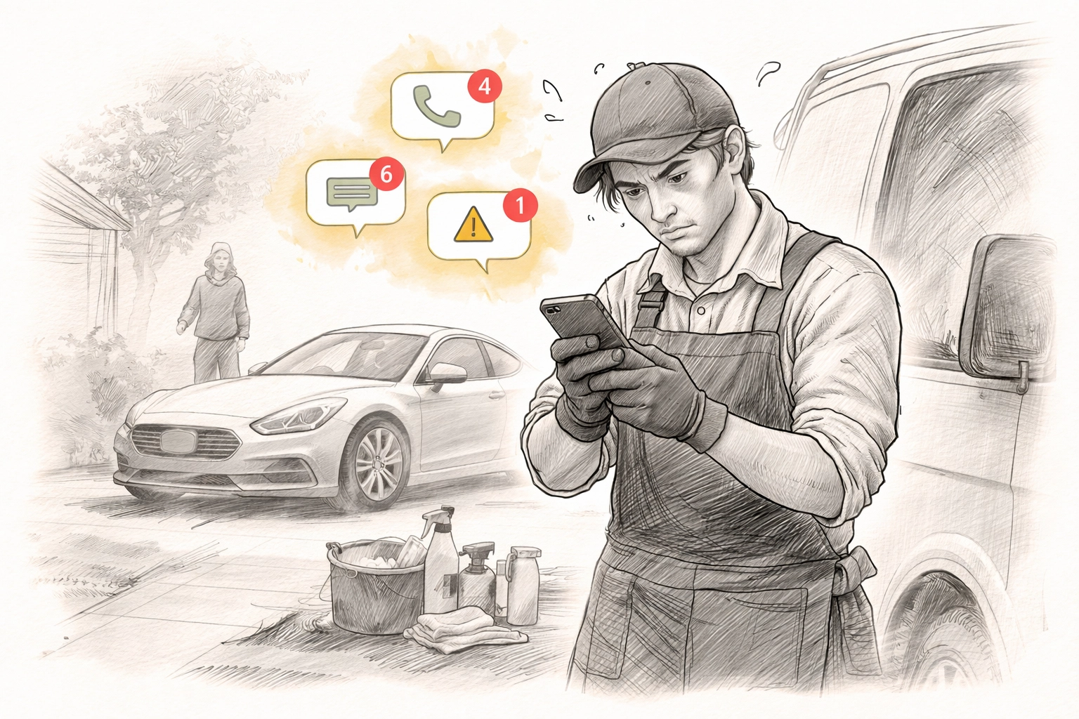 Frustrated mobile auto detailer missing calls next to van, losing a customer due to manual booking chaos.