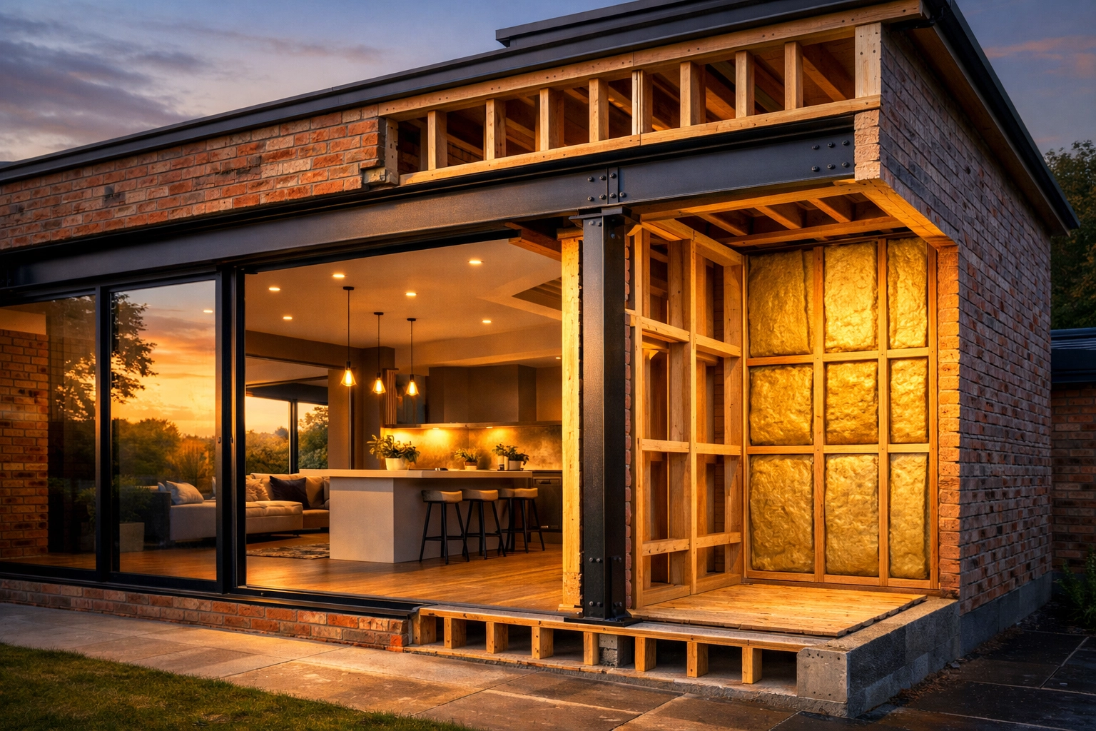 Cutaway view of a West Sussex house extension showing structural steel beams and insulation for building regulations.