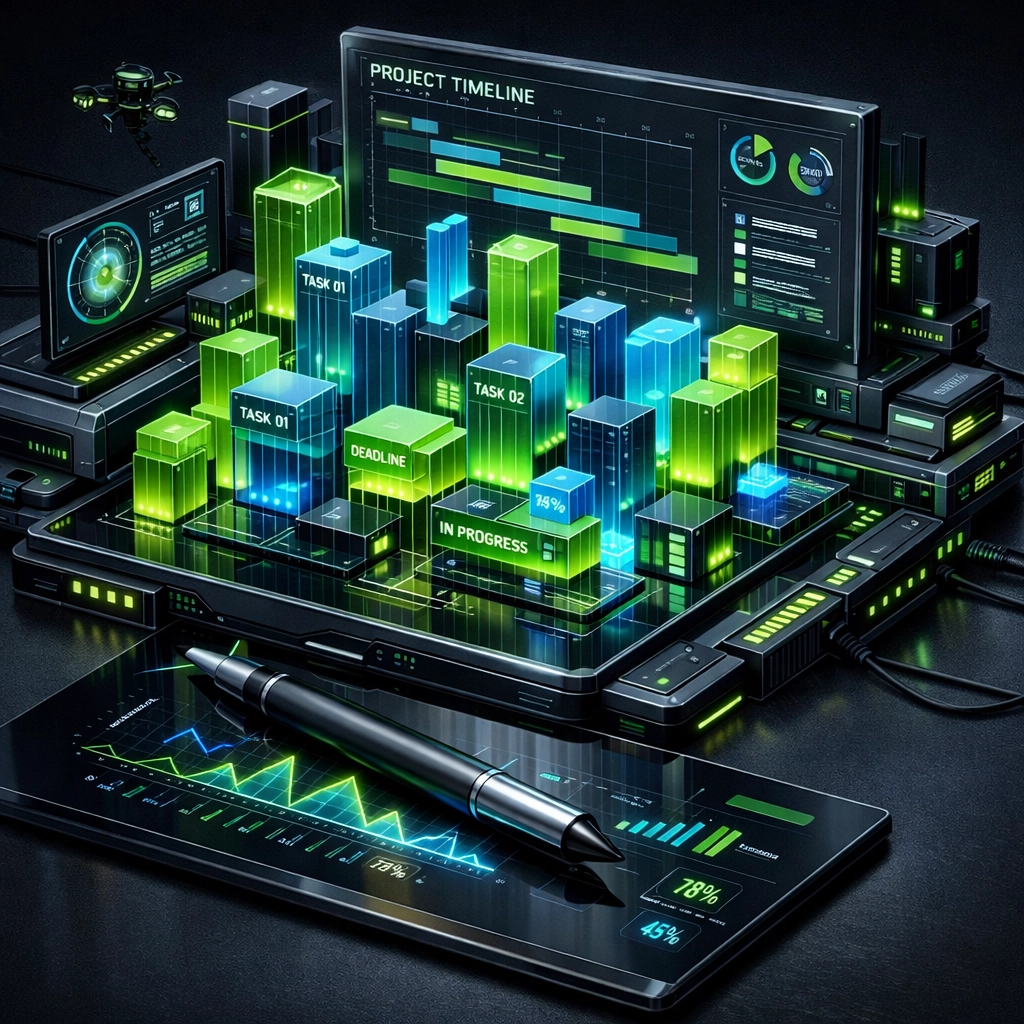 Advanced project management dashboard showing high-velocity task tracking and data visualization for remote teams.