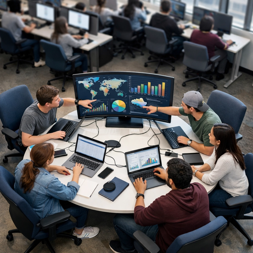 Students collaborating in modern learning pod workspace with shared monitors and teamwork