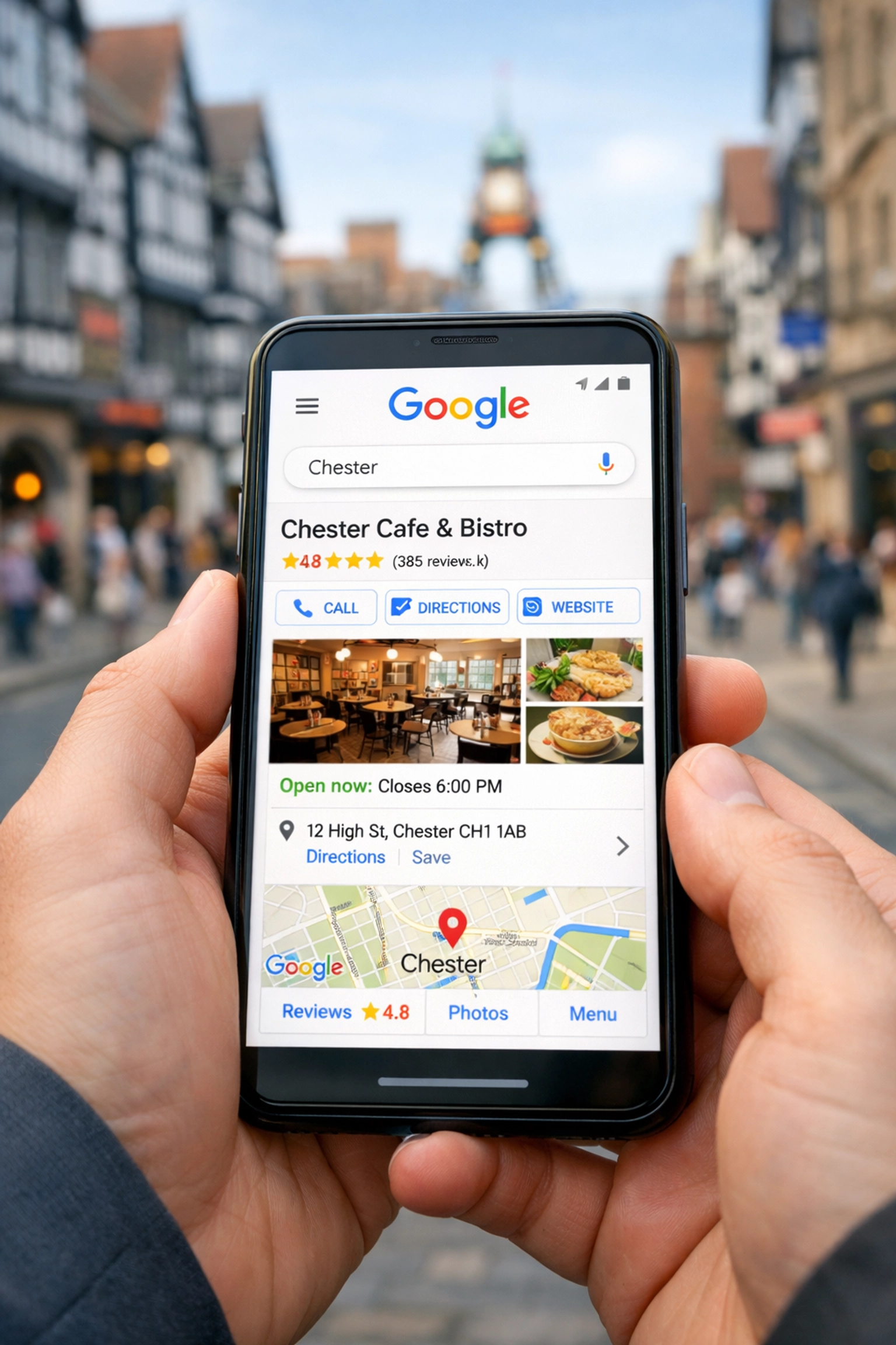 Google Business Profile with reviews and location on mobile phone for Chester business