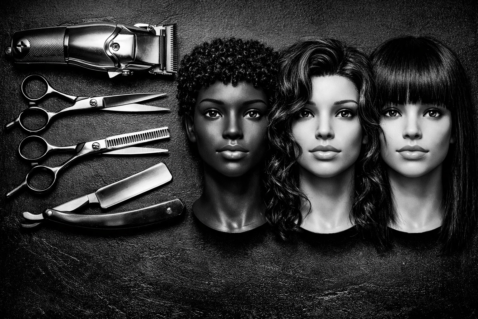 Professional barbering tools and diverse mannequin heads highlighting multicultural texture training.