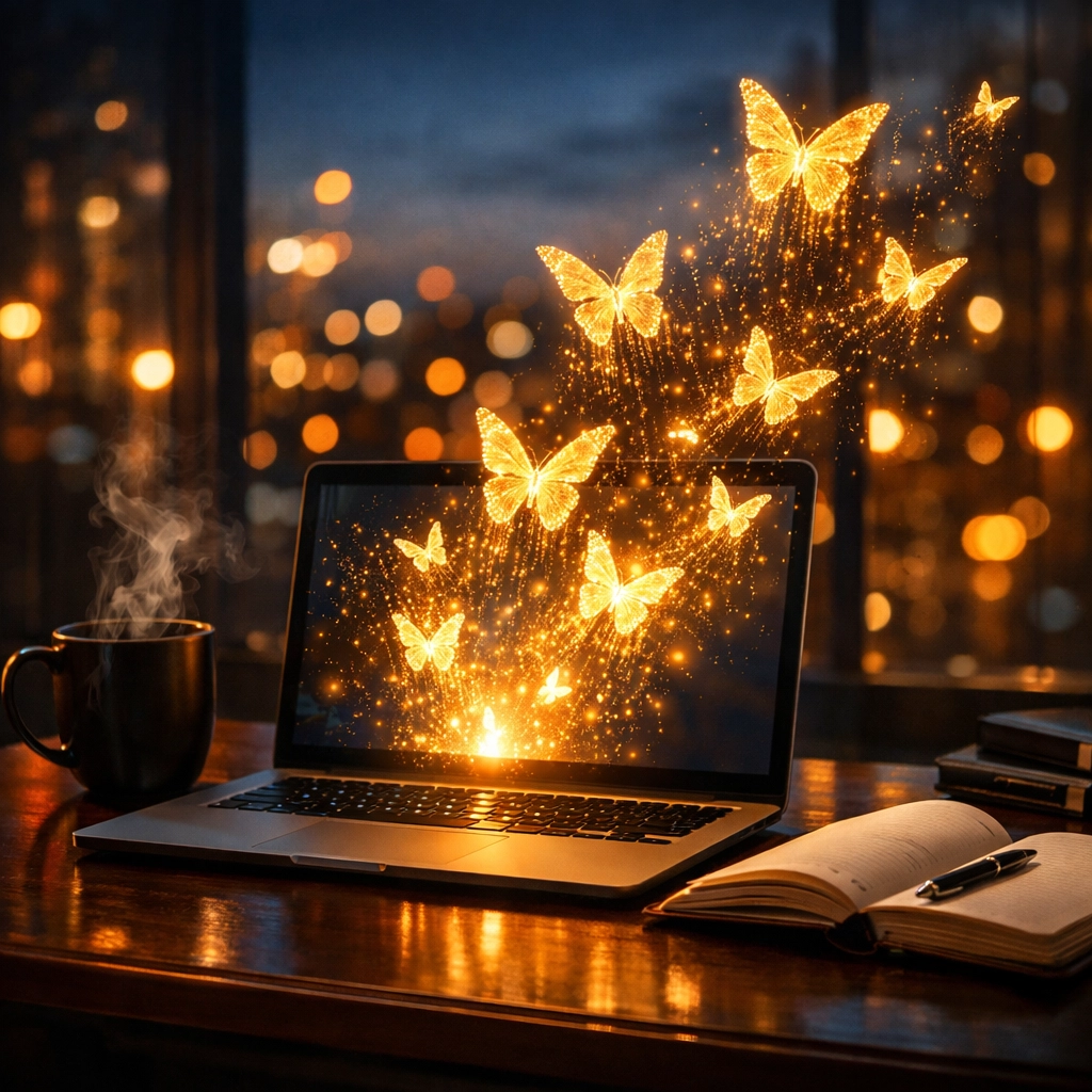 Laptop and notebook with ideas in flight, symbolizing AI content strategy for small business SEO