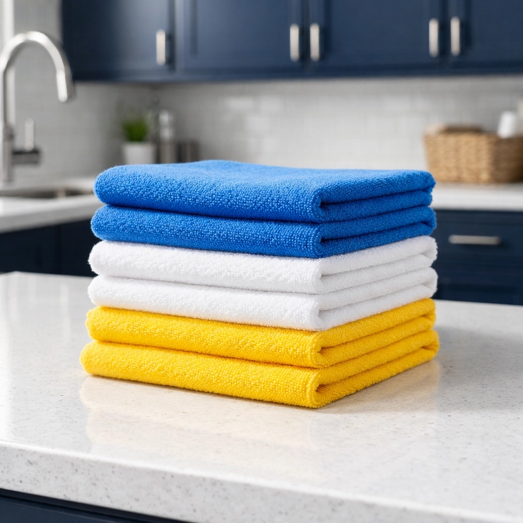 Color-coded microfiber cloths used for professional house cleaning in Westford.