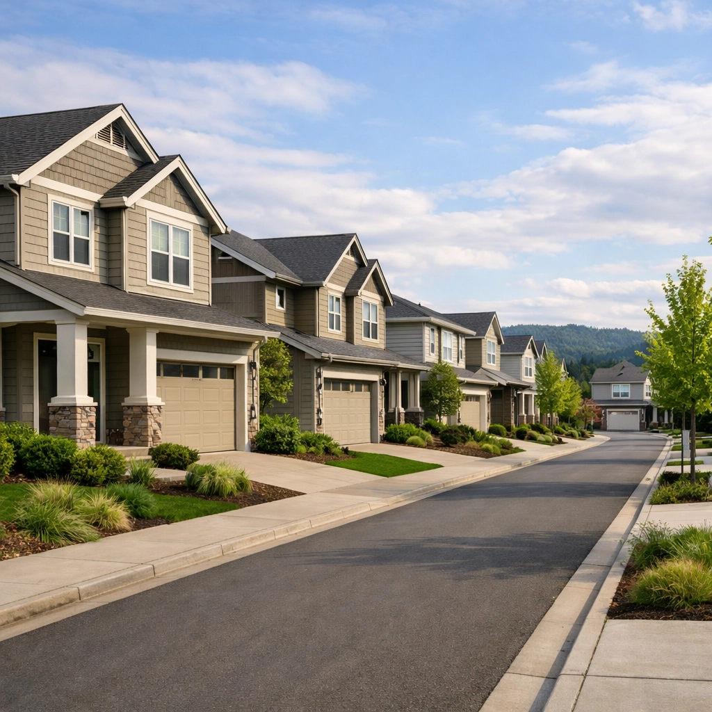 South Beaverton residential street with newer construction homes, sidewalks and landscaping, Beaverton Oregon