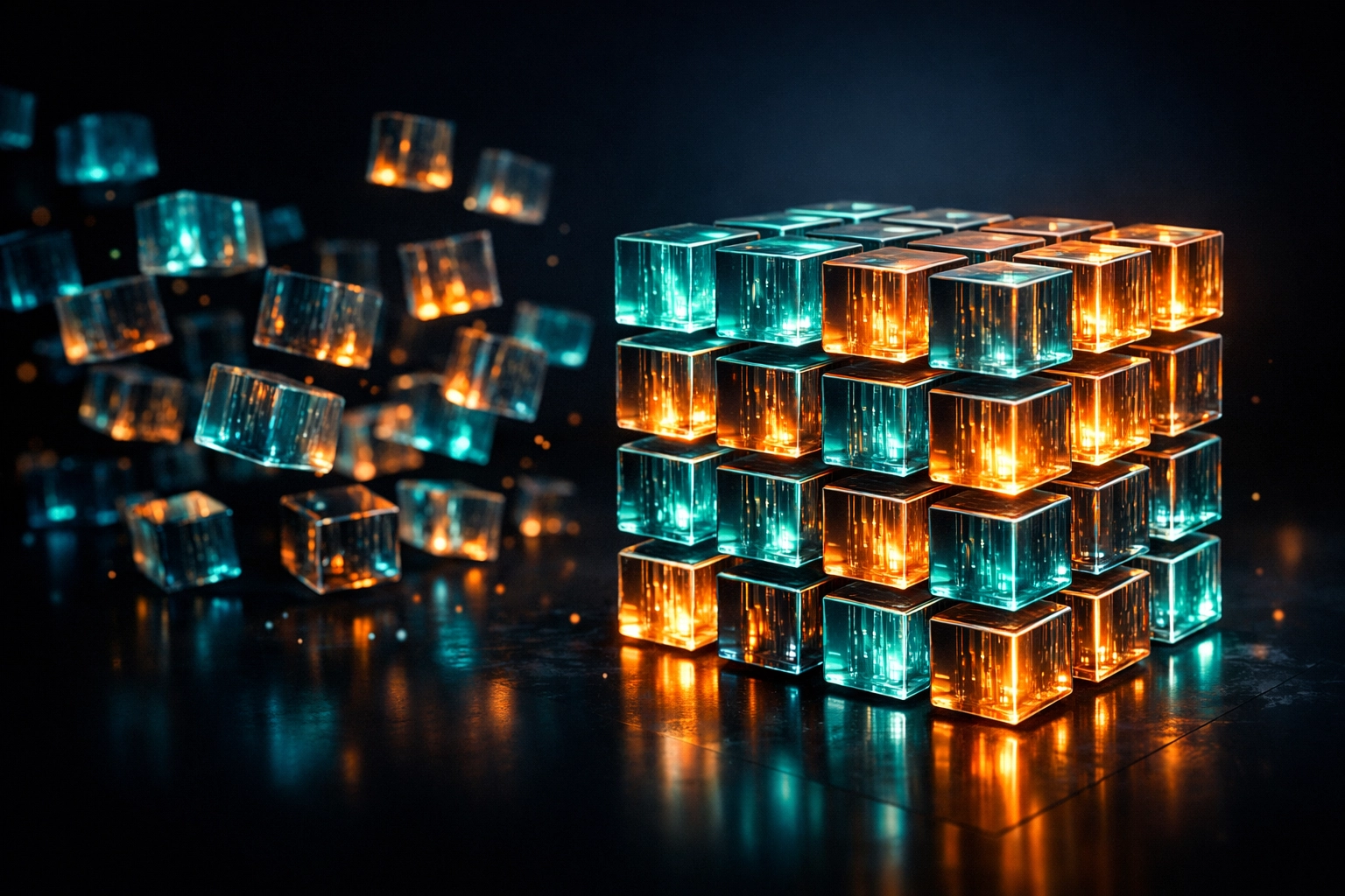 Luminous blocks organizing into a structured grid representing AI data extraction and content architecture.