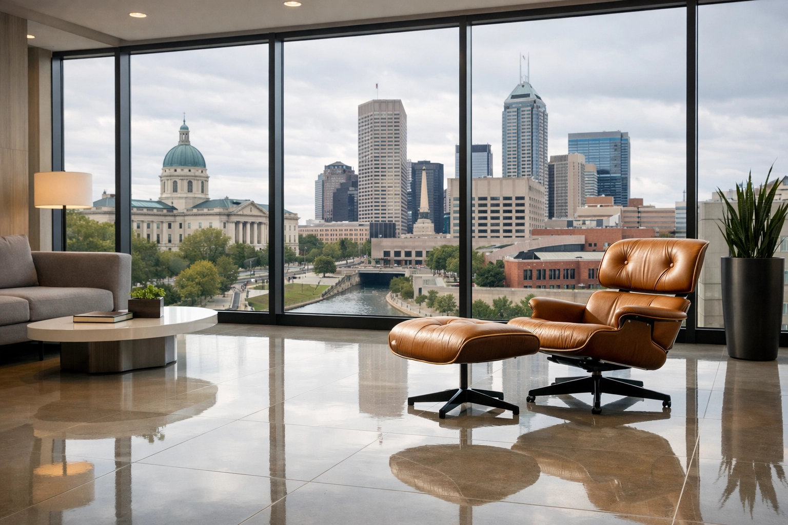 Pristine Indianapolis office interior with polished floors and natural light for a productive workspace.