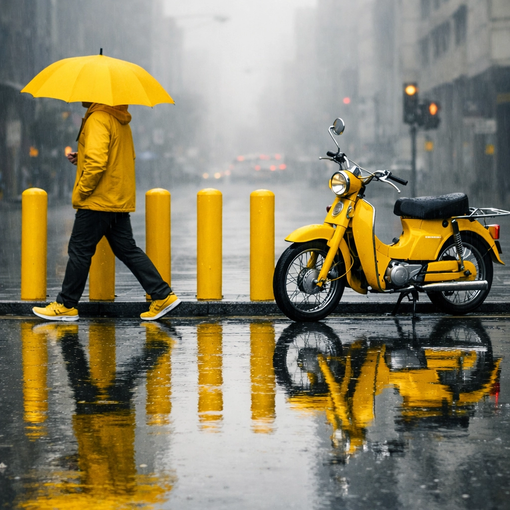 Creative street photography ideas using a monochromatic yellow theme with an umbrella and city reflections.