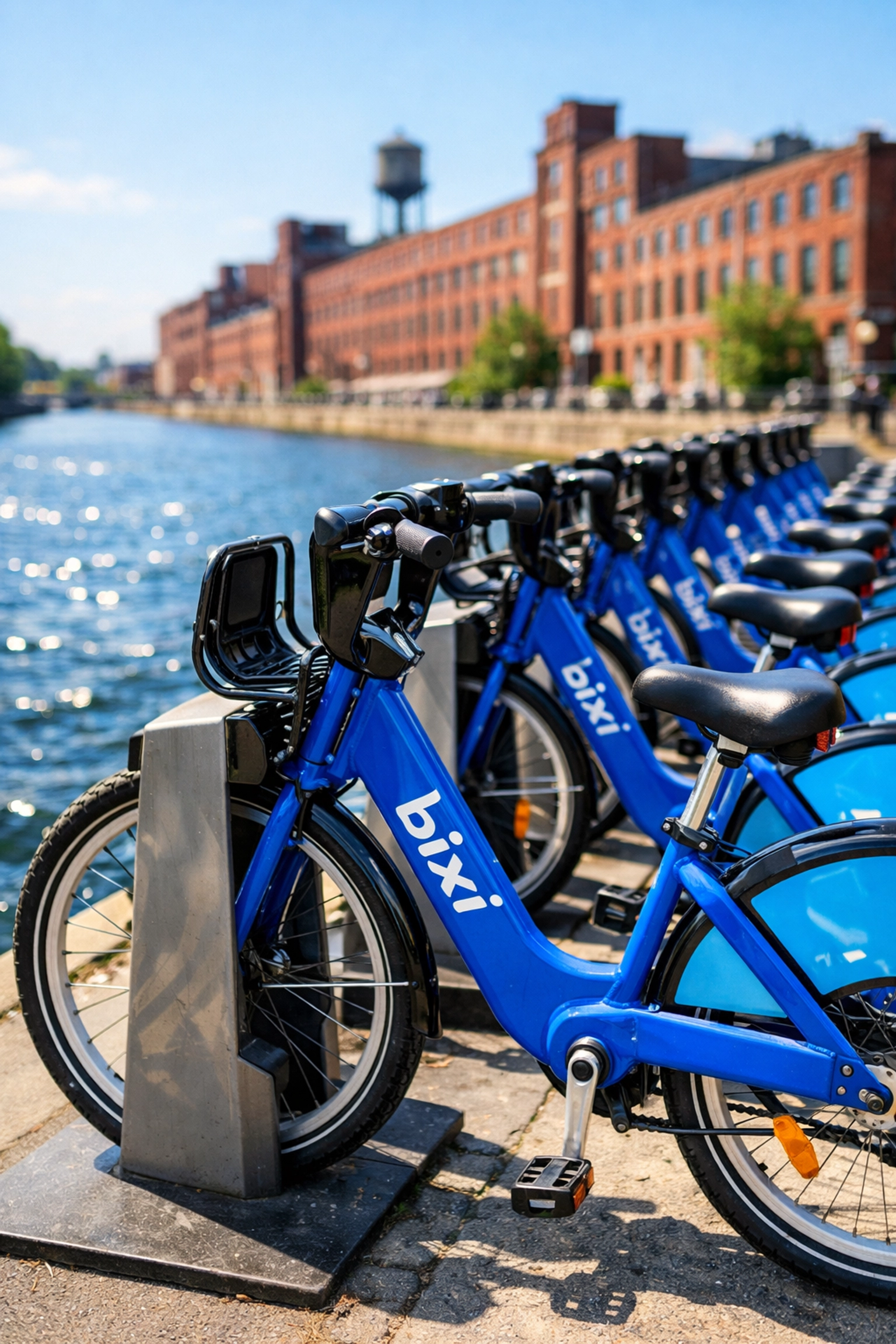 A row of blue BIXI bikes at a docking station along the Lachine Canal during spring in Montreal.
