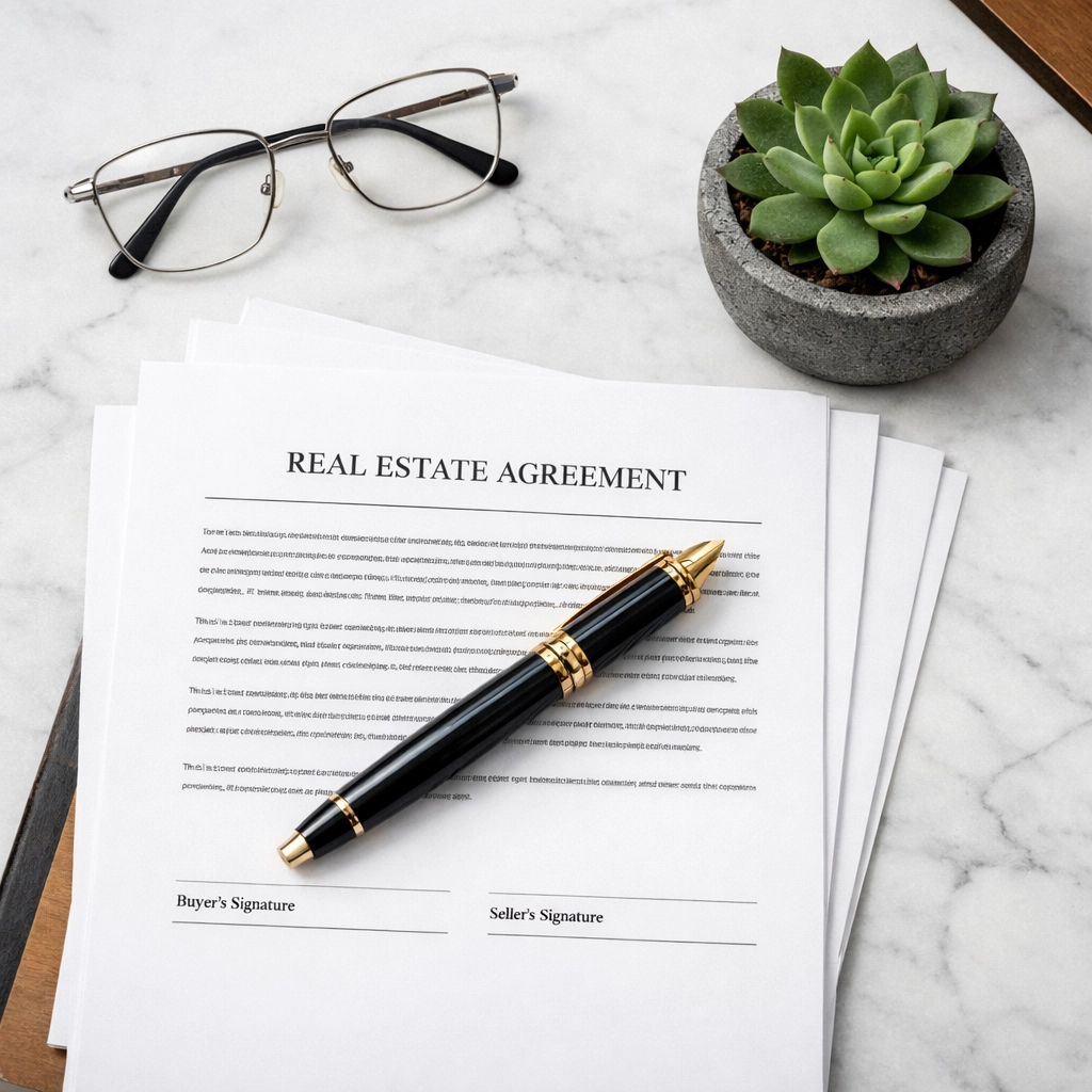 Closing documents and a luxury pen on a marble desk, ensuring legal safety when viewing homes for sale in Orlando FL.